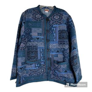 Tudor Court Jacket Womens XL Vintage 90s Blue Tapestry Patchwork Jacquard Pocket